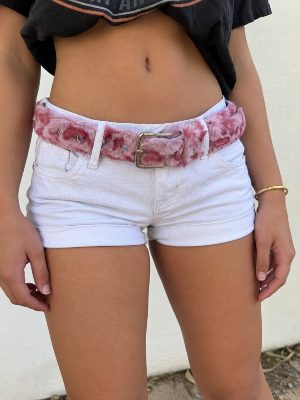 Y2K Pink Faux Fur Gold Tone Buckle Belt Coquette Casual OS